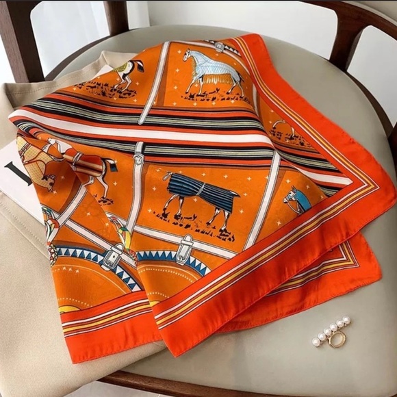 Accessories - Orange Equestrian Print Scarf